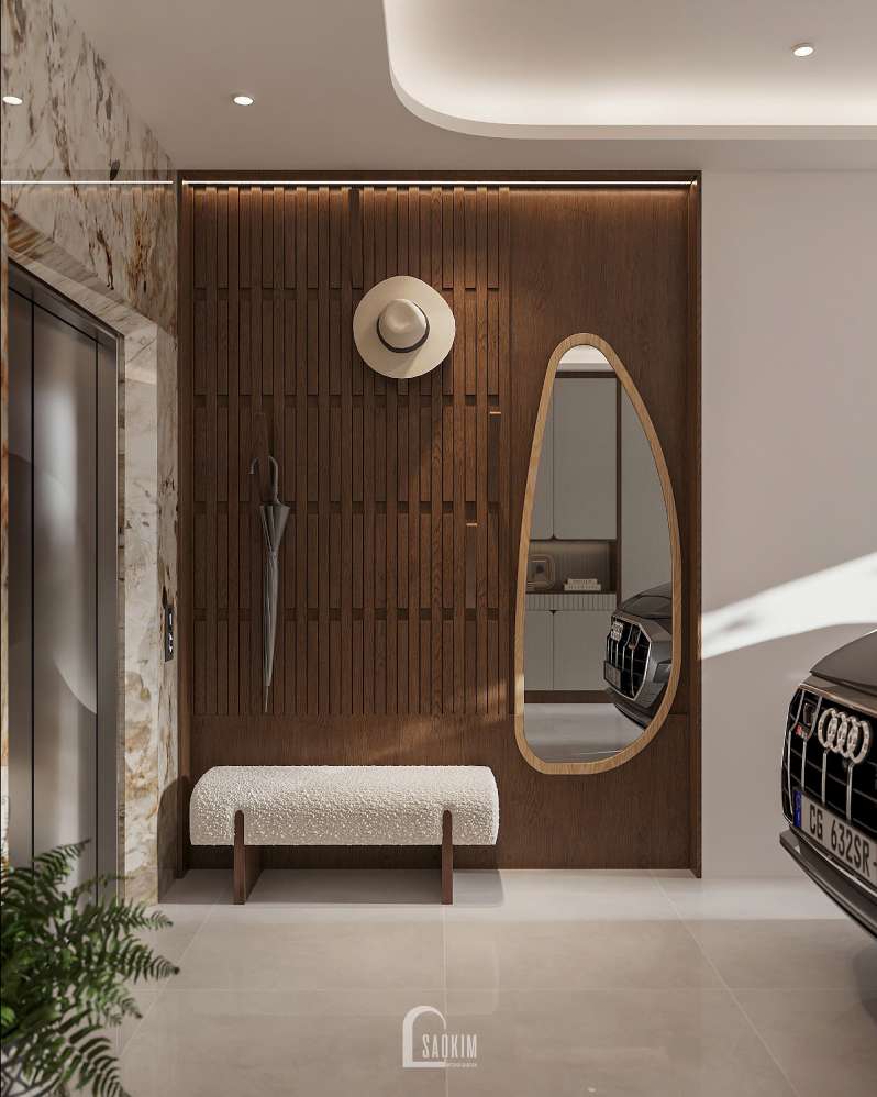 Không gian sảnh, treo đồ tầng 1 trong thiết kế nhà phố Long Biên phong cách Wabi Sabi
